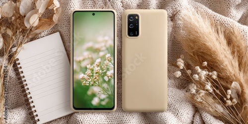 Wallpaper Mural Beige smartphone case on a knitted blanket with dried flowers and a notepad Torontodigital.ca