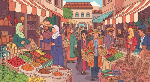 Bustling Traditional Outdoor Market Scene with People, Stalls, Fresh Produce, and Spices