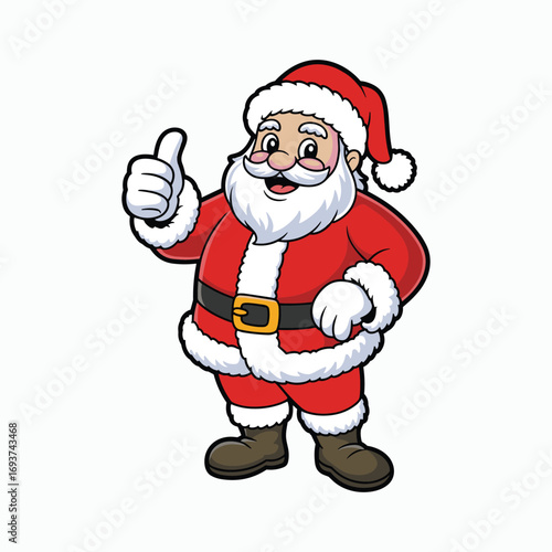 Cartoon Santa Claus character in red suit giving thumbs up, cheerful Christmas mascot, festive holiday illustration, cute winter season.