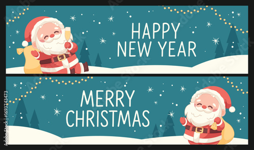 Merry Christmas and Happy New Year greeting banners. Cute Santa Claus sends holiday wishes. Vector greeting template