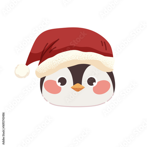 Penguin head with Santa hat. Cute penguin on white background. Vector kids character.