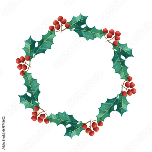 Round Christmas wreath with holly and red berries. Winter greenery, round frame for design, invitations