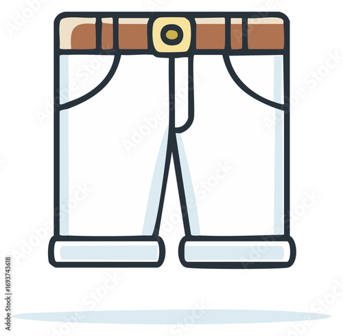 Fashionable light colored casual shorts with a brown belt and golden buckle in cartoon style illustration