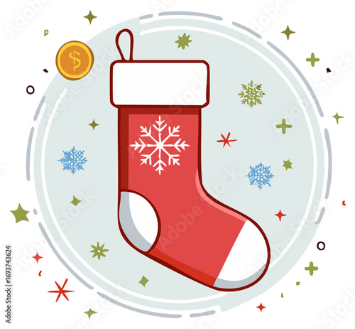Red Christmas stocking with snowflake and gold coin