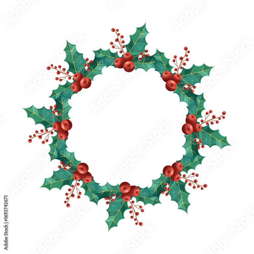Round Christmas wreath with holly branches and berries. Holly branches, winter greenery, round frame for design, invitations