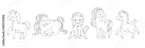 Set of hand drawn horses and ponies. Animal doodles, horse outline. Vector illustrations for children
