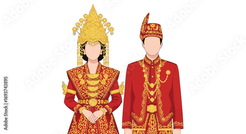 Traditional Wedding Couple in Elaborate Red and Gold Cultural Attire Illustration