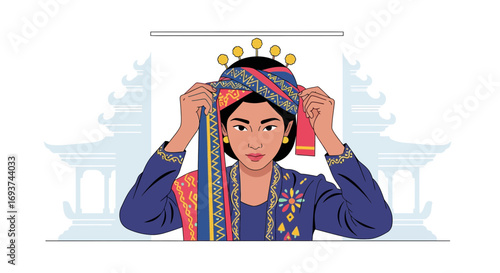 Woman in Traditional Attire Adjusting Ornate Headpiece - Cultural Fashion Illustration