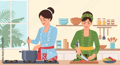 Two Indonesian Women in Traditional Kebaya Attire Cooking. Preparing a meal in a kitchen, chopping vegetables and stirring a pot.