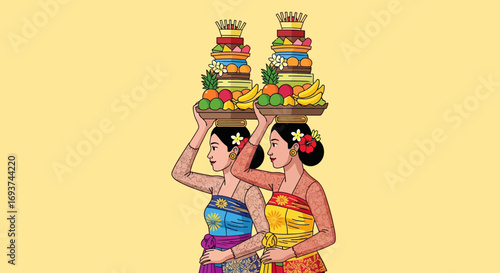 Balinese Women Carrying Traditional Fruit Offerings on Heads for Ceremony - Cultural Illustration