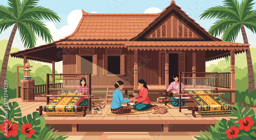 Traditional Asian women weaving colorful textiles on looms at a wooden house, tropical village scene