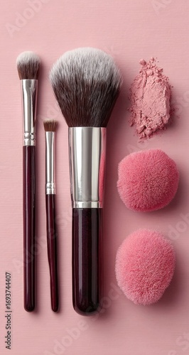 Makeup brushes and blush powder on pink background