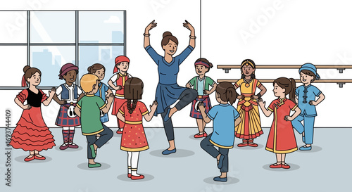 Diverse Children & Teacher in Cultural Dance Class, Learning World Traditions
