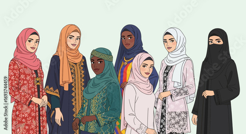 Diverse Group of Muslim Women in Various Traditional Hijabs and Modest Clothing, Showcasing Cultural Fashion and Representation