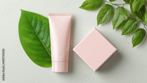 Wallpaper Mural Pastel pink cosmetic tube and box with green leaves Torontodigital.ca