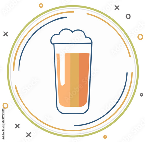 A glass filled with amber colored liquid and frothy head surrounded by colorful concentric circles