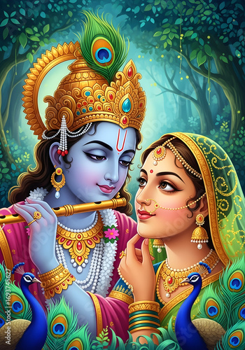 Hindu deities Radha and Krishna in a forest with peacocks