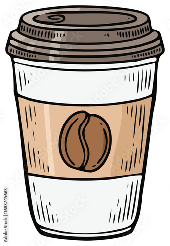 Illustrated Coffee Cup with Lid and Bean Logo for Cafe or Beverage Design
