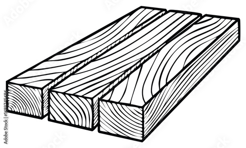 Three Wooden Planks with Wood Grain Pattern in Black and White Drawing