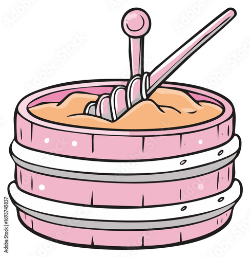 Cute cartoon illustration of a pink wooden honey pot with a dipper