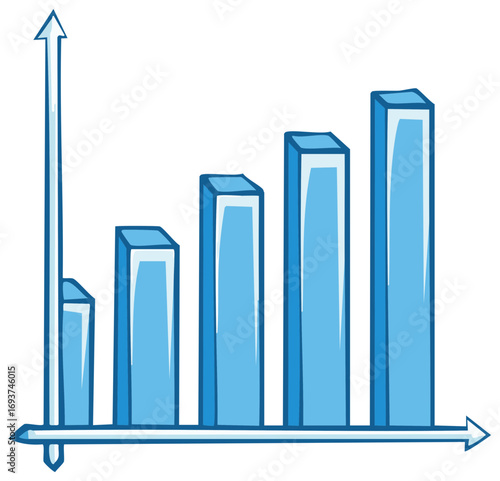 Hand drawn blue bar graph illustration showing increasing data, business growth, and upward trend