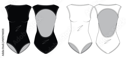 Bodysuit fashion flat technical drawing template. swimsuit technical fashion Illustration, front view, back view, white, mockup.