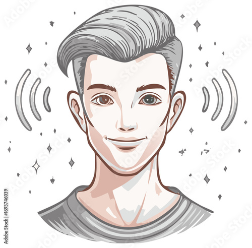 Stylish handsome man with gray hair portrait listening to sound waves