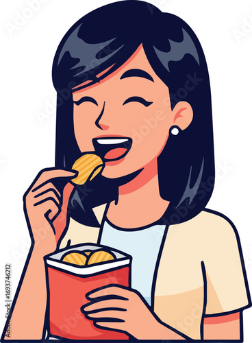 Joyful cartoon woman with dark hair happily eating crispy potato chips from an open bag. Vector illustration of a person enjoying a savory snack