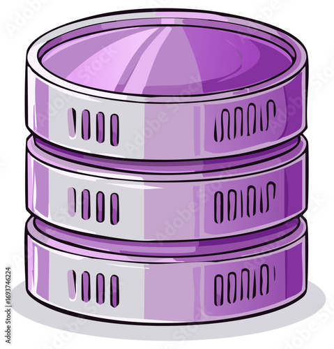 Cartoon database server stack, purple and silver colors illustration
