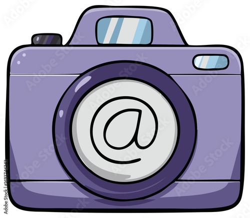 Cartoon Camera Symbol with Email Sign. Violet Photography Device Illustration.