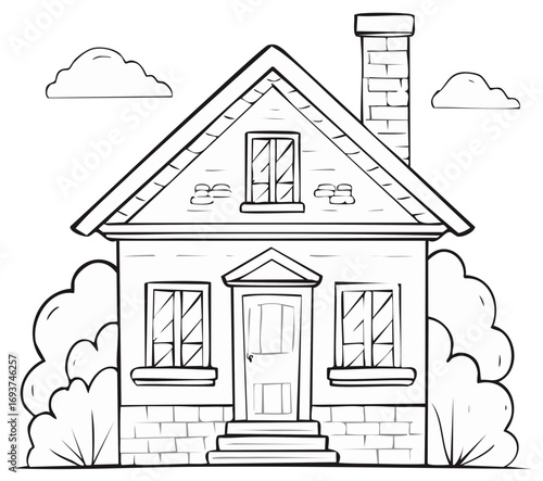 Cartoon outline drawing of a traditional detached house with a chimney, windows, front door, and bushes