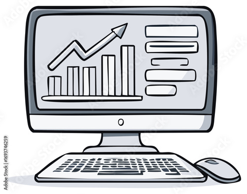 Hand drawn computer displaying upward trending business graph and data fields