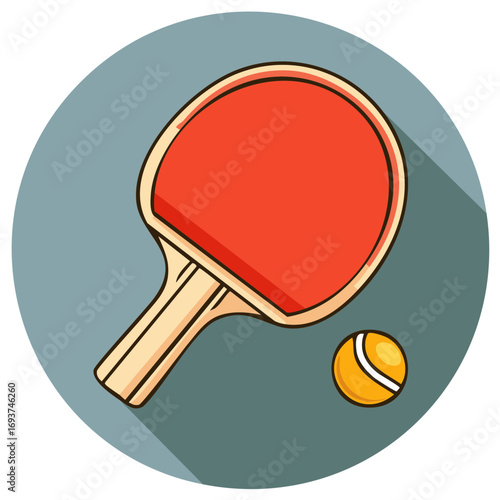 A red ping pong paddle and ball icon against a circular muted teal background with a shadow