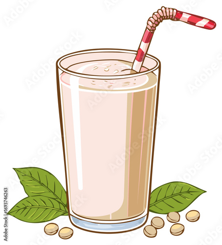 Refreshing Soy Milk Beverage with Straw and Soybeans Surrounded by Green Leaves
