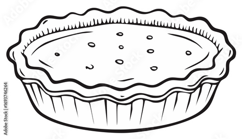 Simple black and white line art illustration of a whole baked pie with a fluted crust