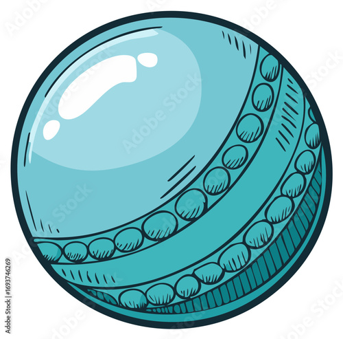 Hand drawn illustration of a shiny blue pearl with decorative beaded bands