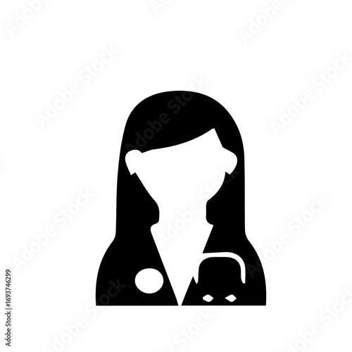 Female doctor avatar icon with a stethoscope. A simple black glyph illustration symbolizing a medical practitioner, healthcare, and professional consultation