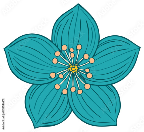 Stylized teal flower with delicate petals and a vibrant center