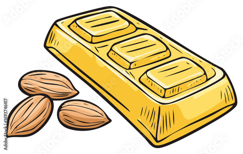 Shiny gold bar and three whole almonds illustration representing wealth and healthy eating