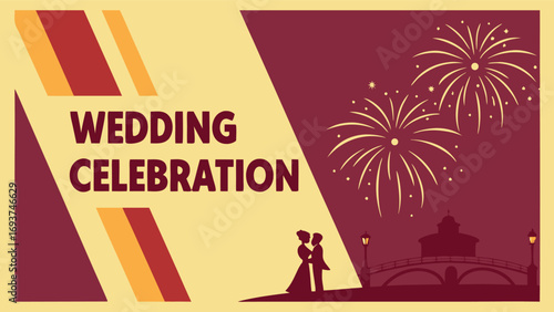 Joyful wedding celebration with fireworks and romantic couple silhouette, perfect for invitations