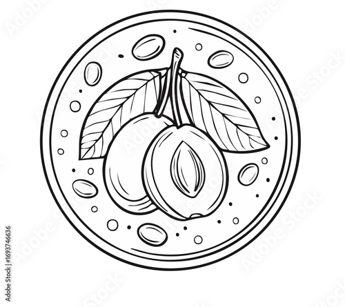 Simple line art illustration of fresh plums on a plate, showing a whole fruit and a cross section with pit