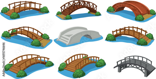 Various wooden and stone garden bridges over water with bushes, featuring different styles and designs in an outdoor environment.