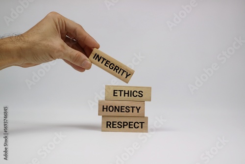 Принти на полотні Hand Arranging Wooden Blocks with Ethics, Honesty, and Integrity Texts