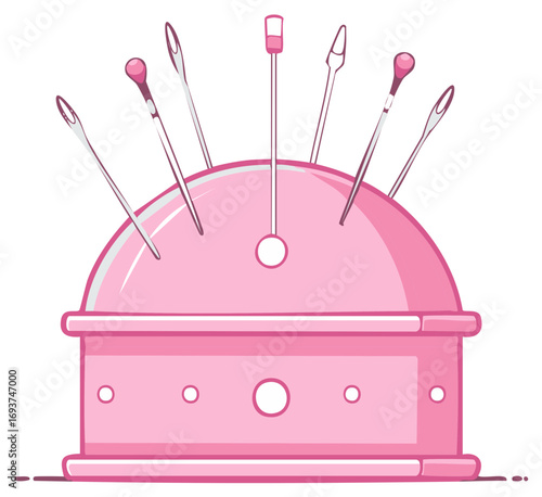 Cute pink pincushion illustration with sewing needles and pins for tailoring and craft projects