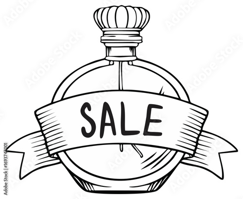 Outline drawing of fragrance bottle with sale text on a decorative ribbon banner