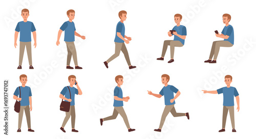 Cartoon casual man character set, flat vector illustration, young man in t-shirt and pants, multiple poses and activities