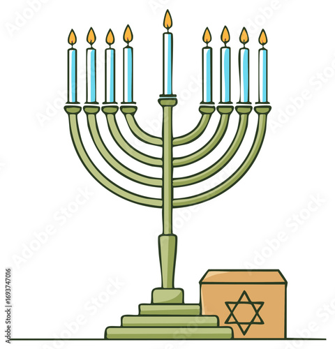 Menorah with lit candles and a Star of David box for Hanukkah celebration