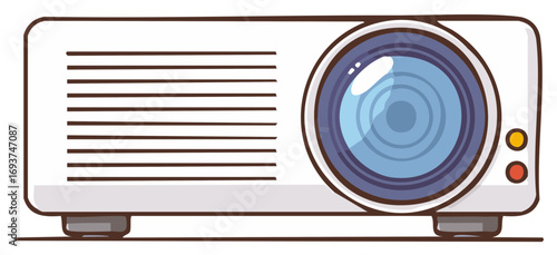 Cartoon style projector with lens, power indicators, vent, and feet for showing movies, presentations, or streaming.
