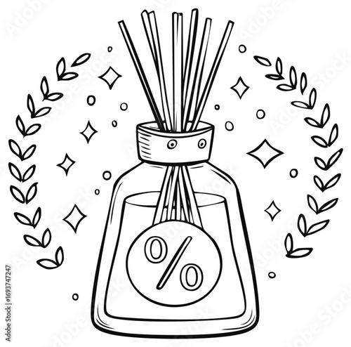 Line art illustration of a reed diffuser with a discount percent tag for aromatherapy sales and promotions