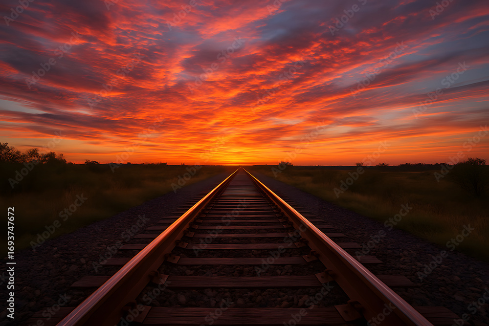 Obraz premium Dramatic Sunset over Railway Tracks